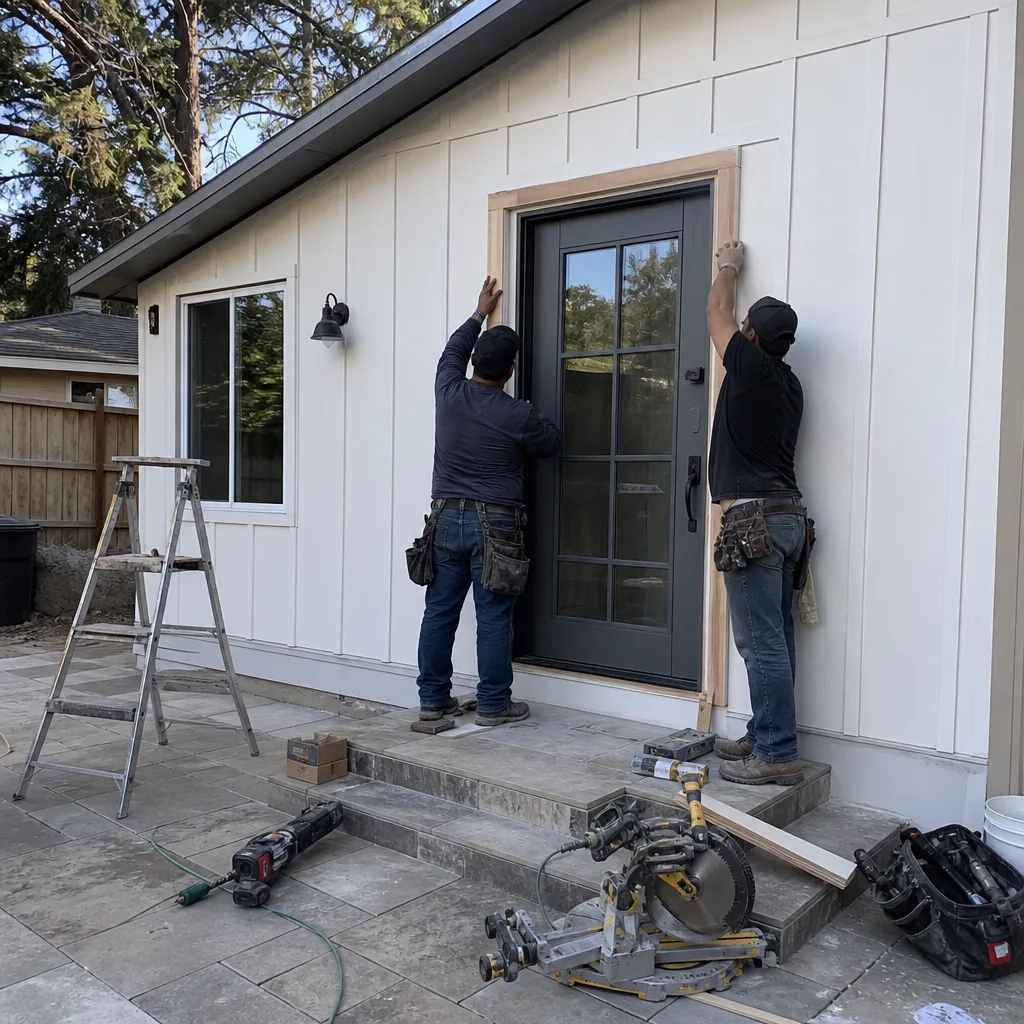 Two construction workers installing door trim on a modern ADU exterior.