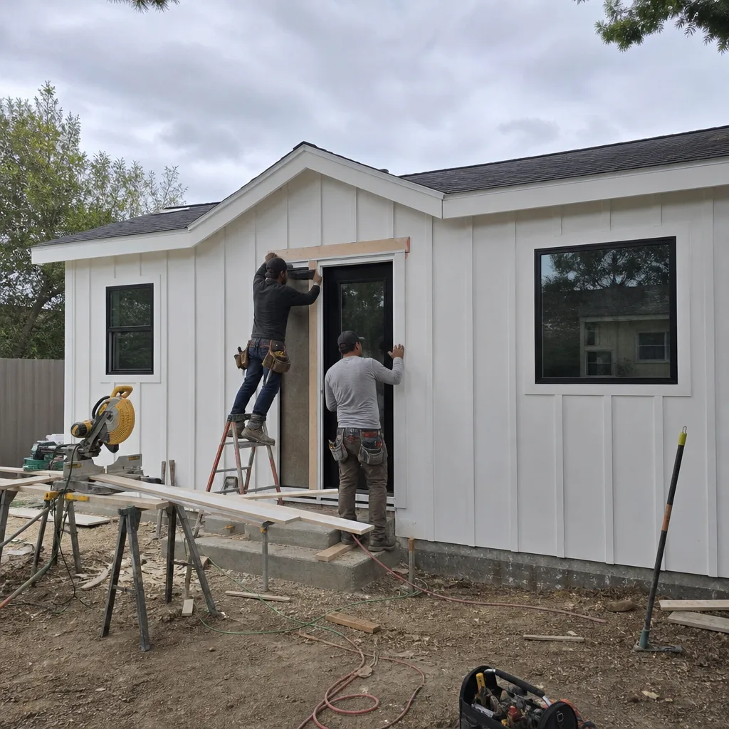 Two contractors installing trim on the exterior of a modern ADU