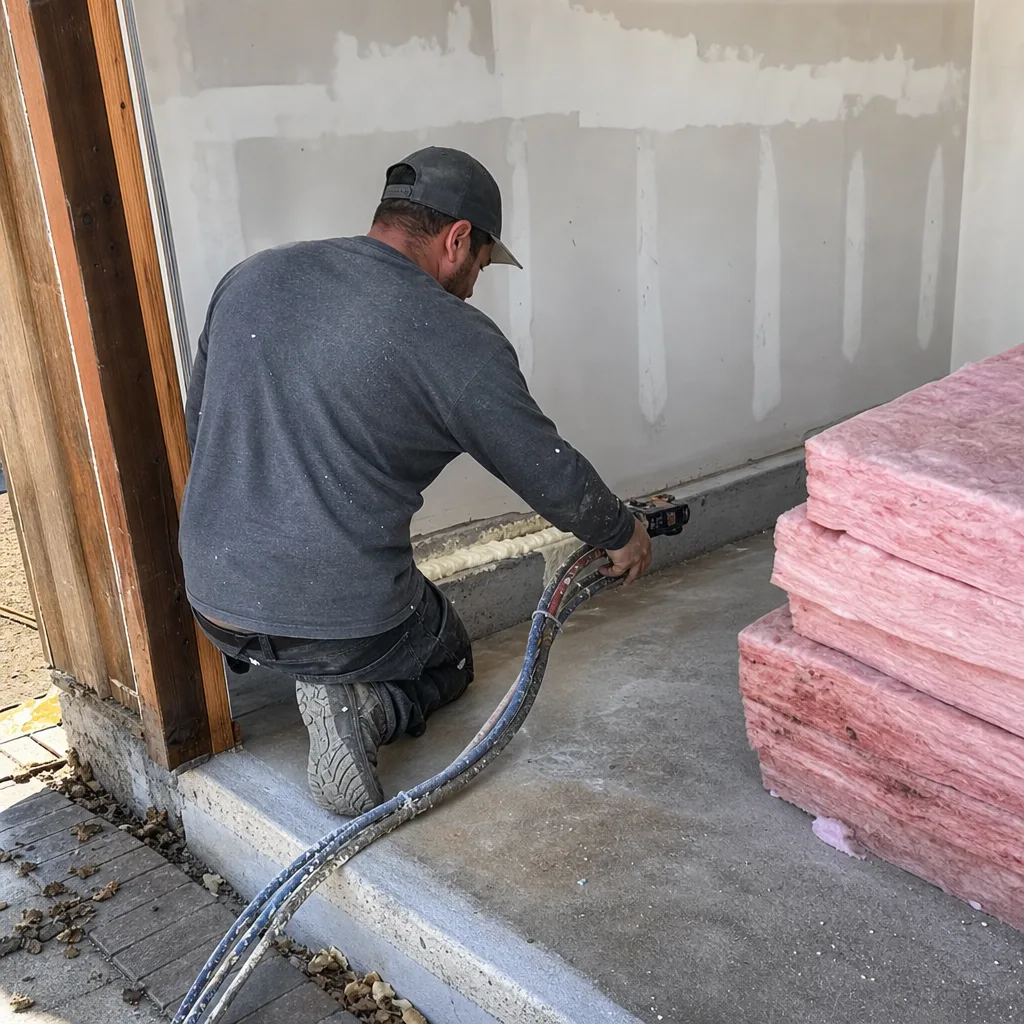 Contractor applying spray foam insulation during a professional garage conversion project.
