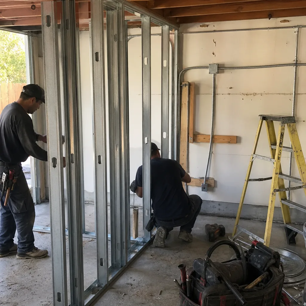 Contractors installing metal wall studs for a professional garage conversion project