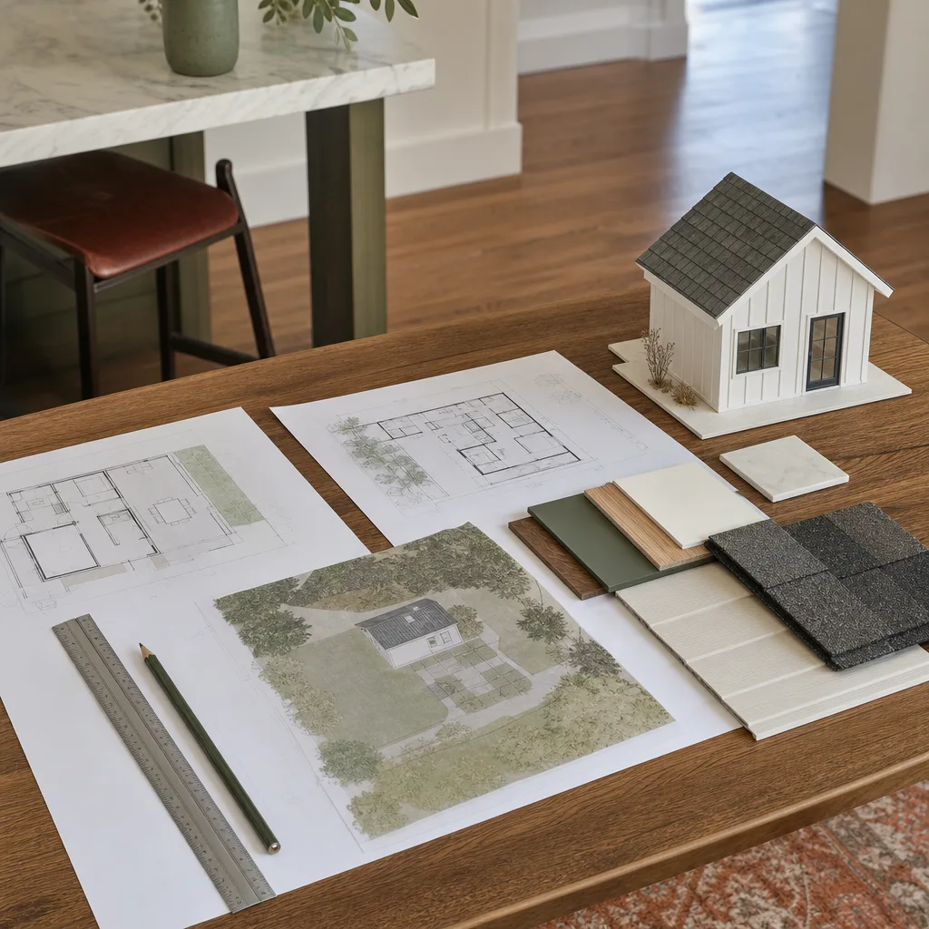 ADU plans, samples and a small model on a desk
